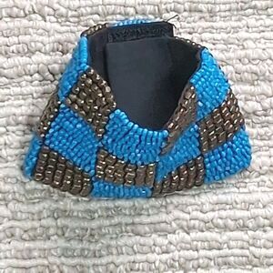 Beaded Checkerboard Cuff Bracelet Blue Bronze Seed Bead Hook and Loop Wide Wrap